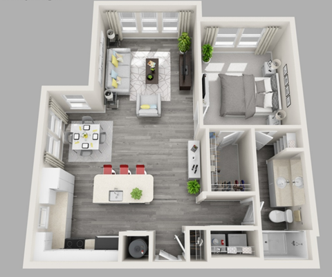 Floor plan for 1 bed, 1 bath, 902 sqft